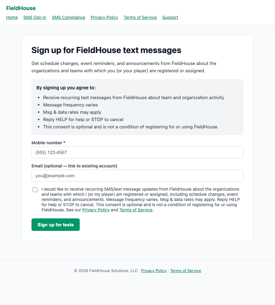 FieldHouse SMS opt-in form showing the mobile number field and the unchecked SMS consent checkbox with its disclosure language